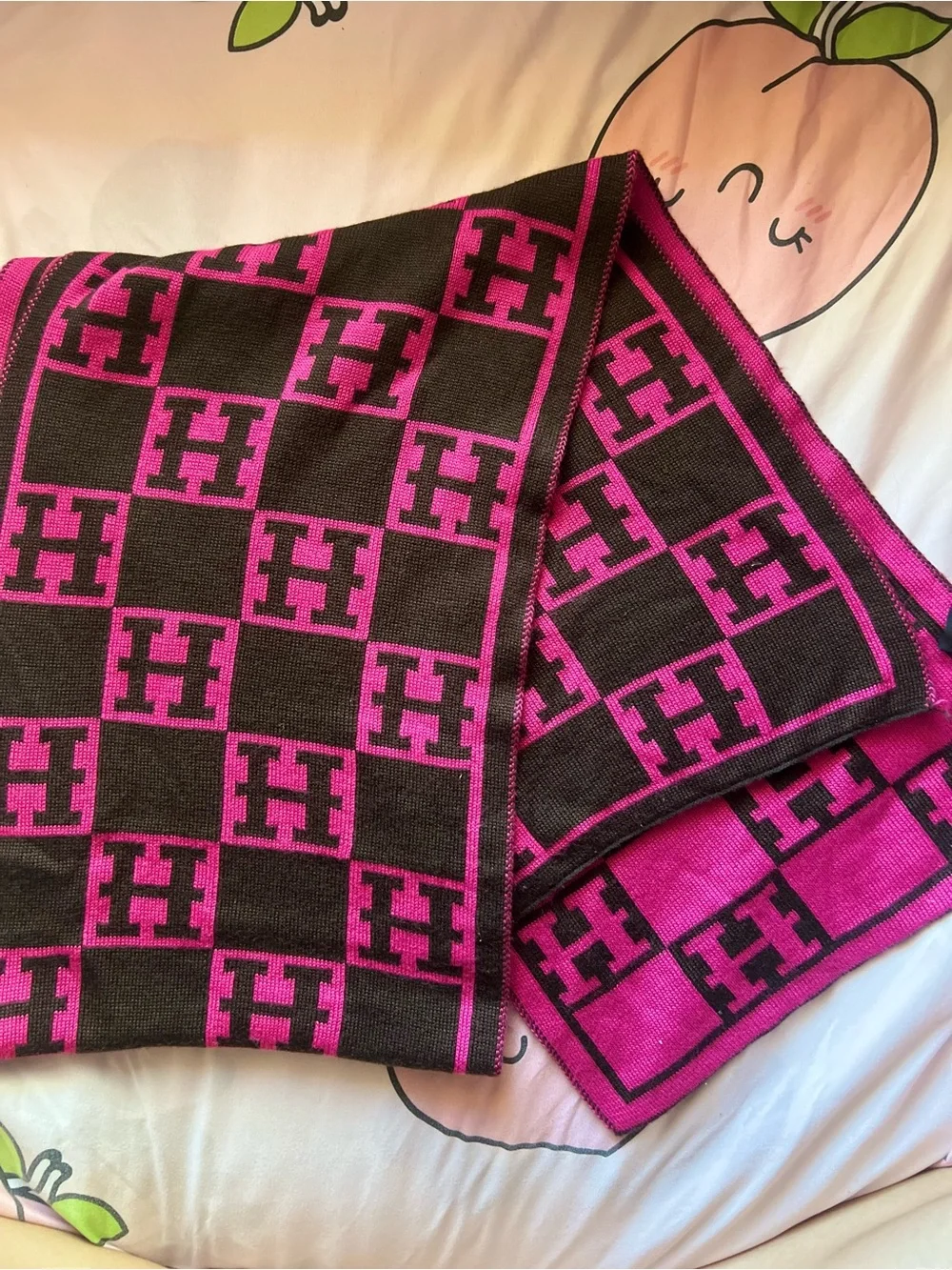 Designer-Inspired Pink and Brown Logo-Print Scarf